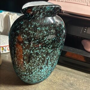 Hand Blown‎ Large Black, Blue with Gold Flecks 10.5" Tall Vase (Heavy)